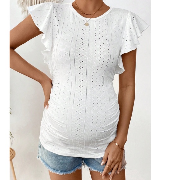Maternity Eyelet Ruffle Cap Sleeve Stretchy Top - Picture 6 of 6